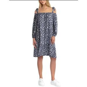 Gigi Parker Floral-Print Cold Shoulder Dress in Navy and White - M